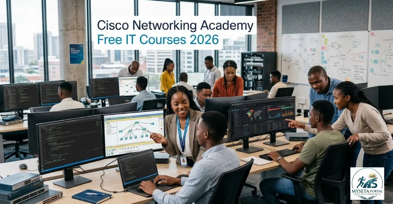 Young African learners studying cybersecurity and IT skills in a modern digital training environment.