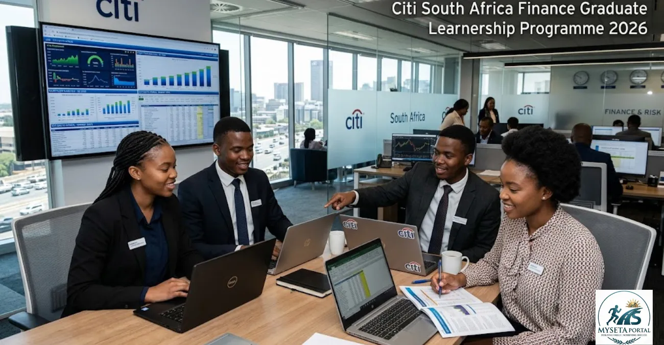 Young African finance graduates working in a professional multinational banking office during a graduate learnership programme