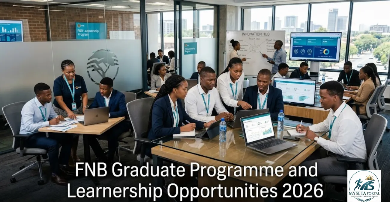 Young South African graduates and unemployed youth participating in an FNB graduate programme and learnership workplace environment.