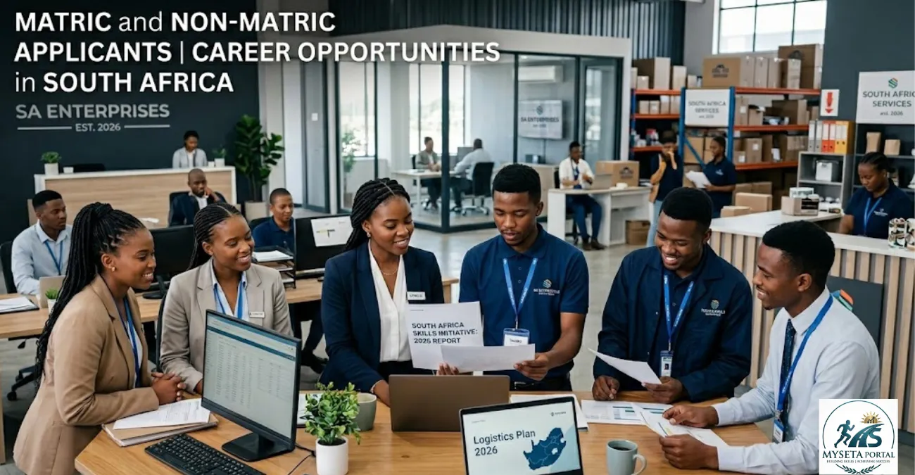 Young African professionals and entry-level workers in a South African workplace for matric and non-matric applicants.