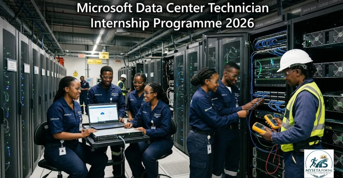 Young African IT interns working inside a modern Microsoft data centre with server equipment in South Africa