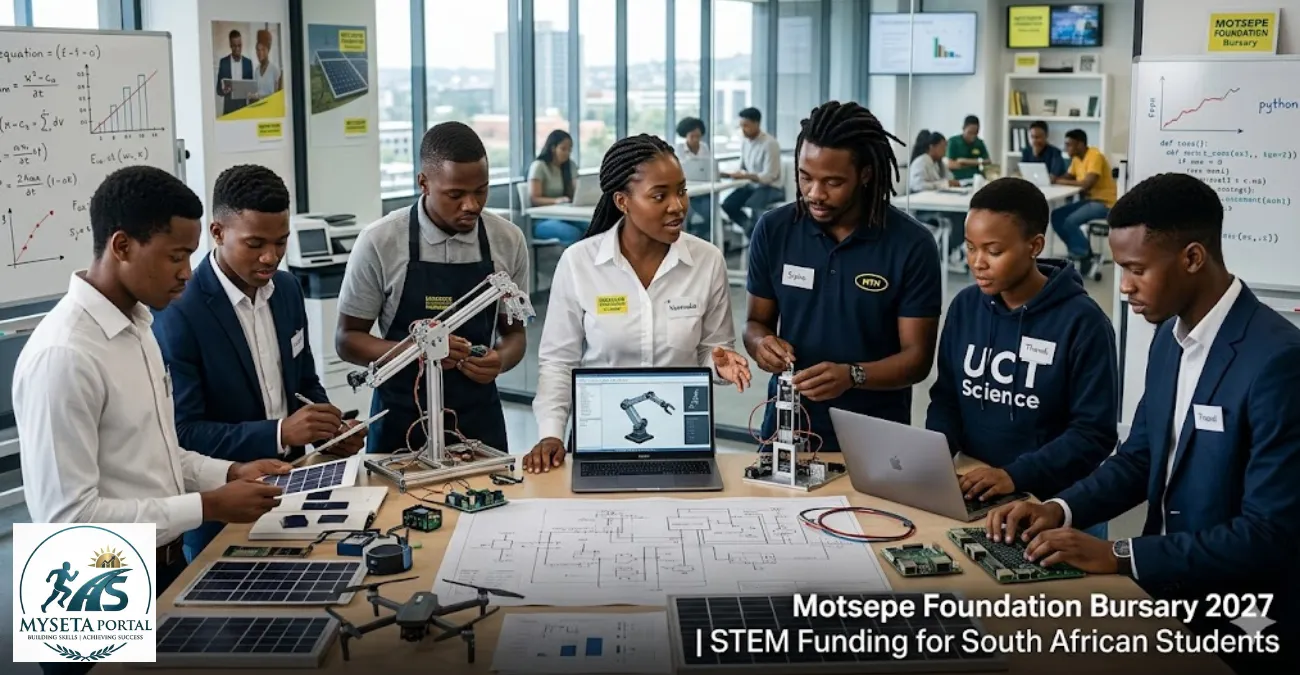 Young South African STEM students and professionals collaborating in a modern academic and workplace environment linked to bursary opportunities.Motsepe Foundation Bursary 2027