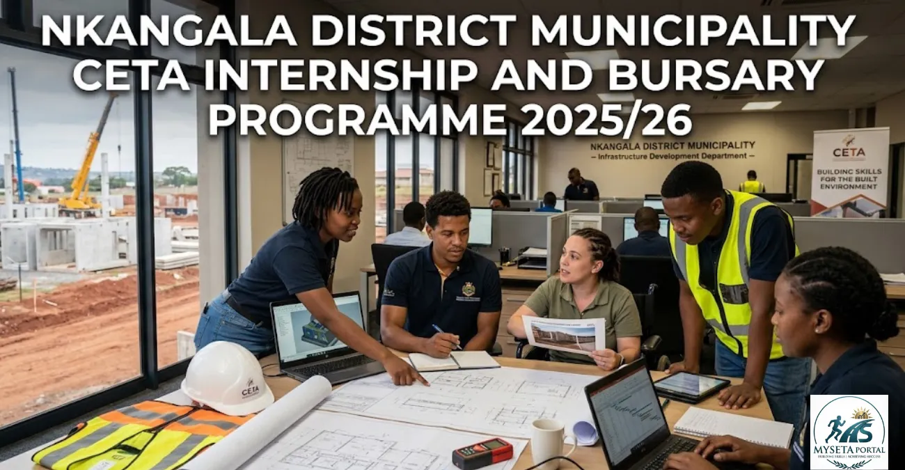 Young South African graduates working in a municipal construction and engineering workplace during a CETA-linked internship programme.