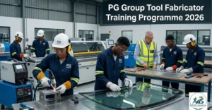 Young South African trainees learning tool fabrication and welding in a modern manufacturing workshop at PG Group Shatterprufe® facility.