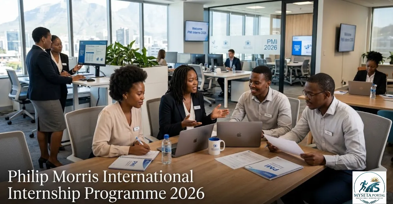 Young South African graduates participating in the Philip Morris International Internship Programme in a professional workplace environment.
