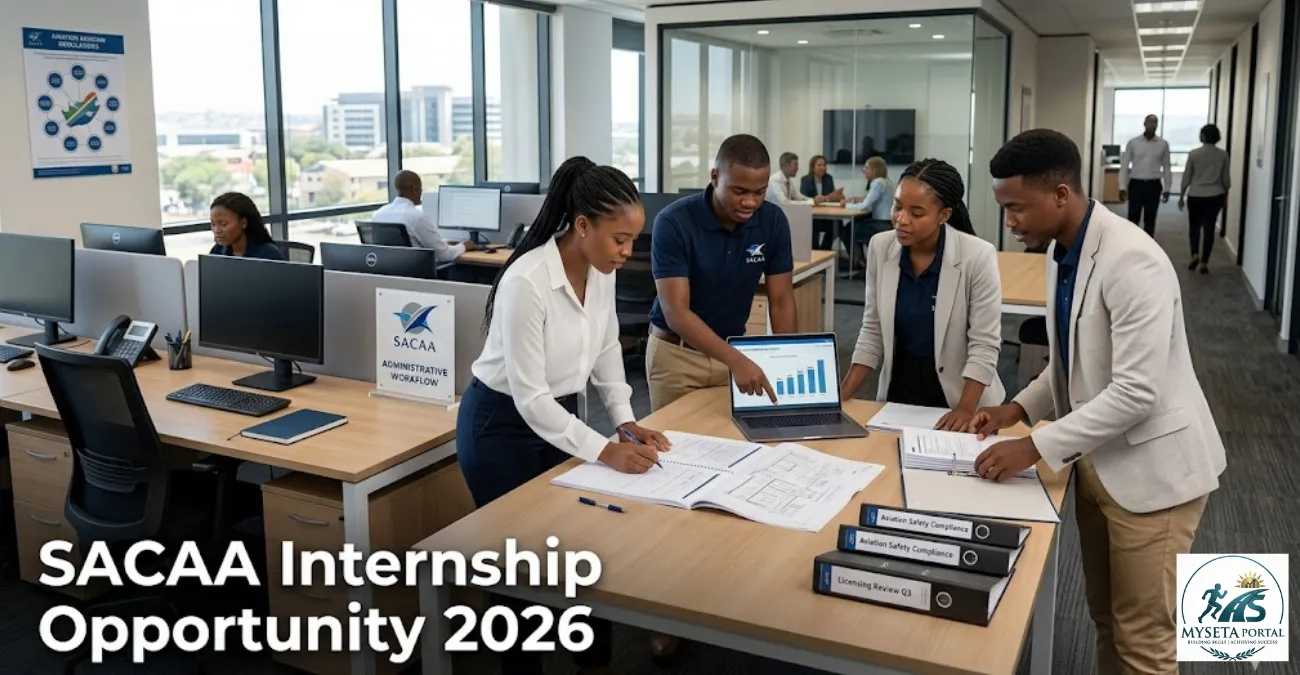 Young South African graduates working in an office environment during a SACAA internship programme in Centurion.