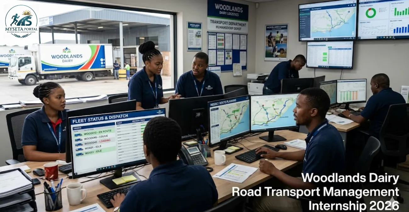 Young African logistics graduates working in a transport operations office during the Woodlands Dairy internship programme