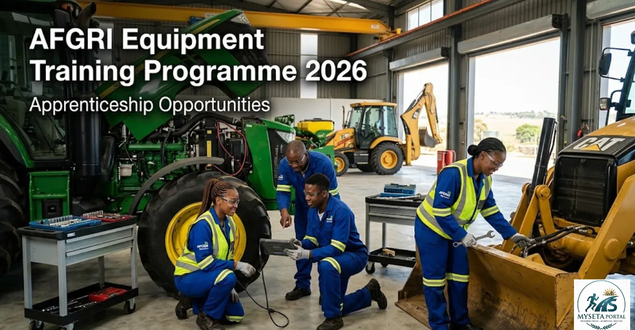 Young South African apprentices receiving technical training on agricultural machinery during the AFGRI Equipment Training Programme.