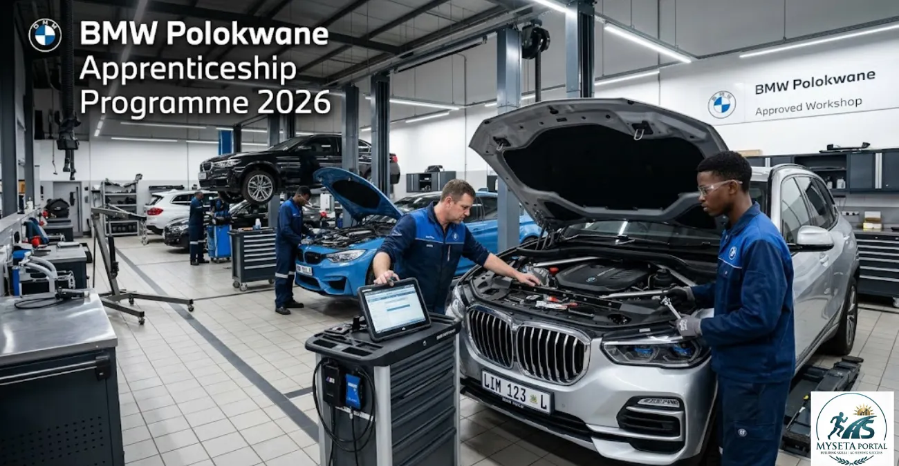 Young South African apprentices receiving automotive training inside a BMW workshop.