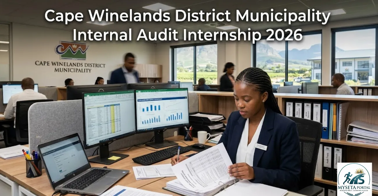 Internal Audit intern reviewing audit documents at a municipal office in Stellenbosch.