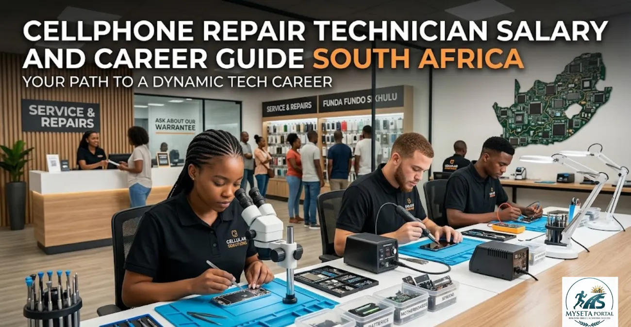 Young South African cellphone repair technician repairing a smartphone in a professional workshop.