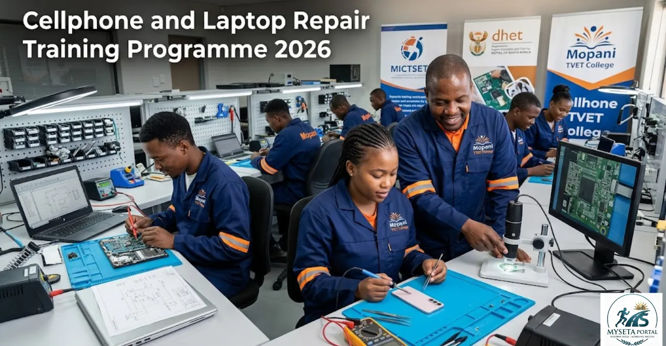 Young South Africans receiving practical cellphone and laptop repair training during a MICTSETA-supported skills programme.