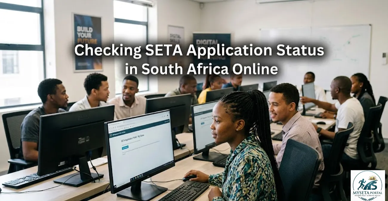 Young South African applicants checking SETA application status on computers in a training center.