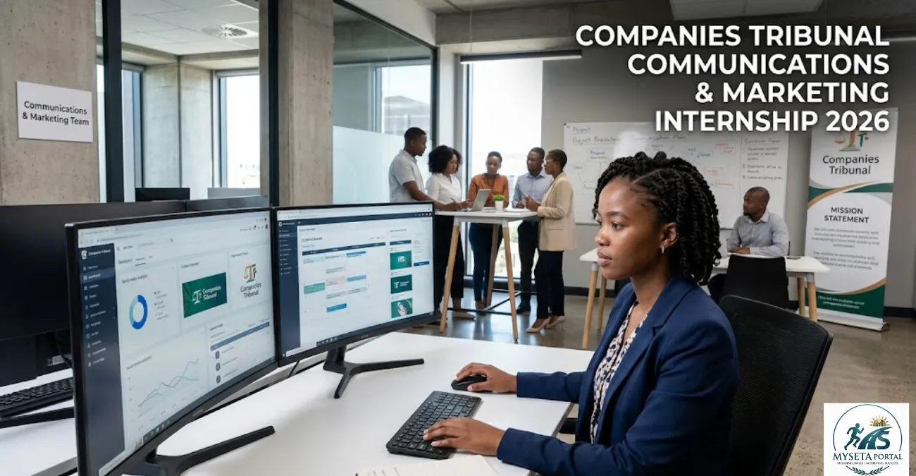 Young South African communications and marketing graduate gaining workplace experience in a professional office environment.