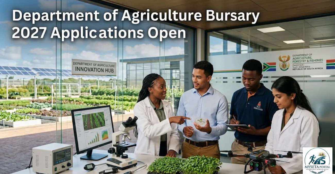 Young South African agricultural students and graduates in a modern research and farming innovation environment.