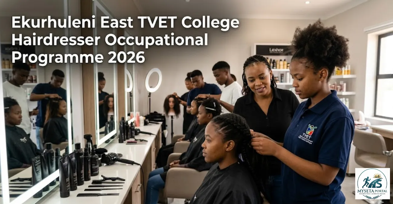 Young South African hairstyling students receiving practical salon training at Ekurhuleni East TVET College.