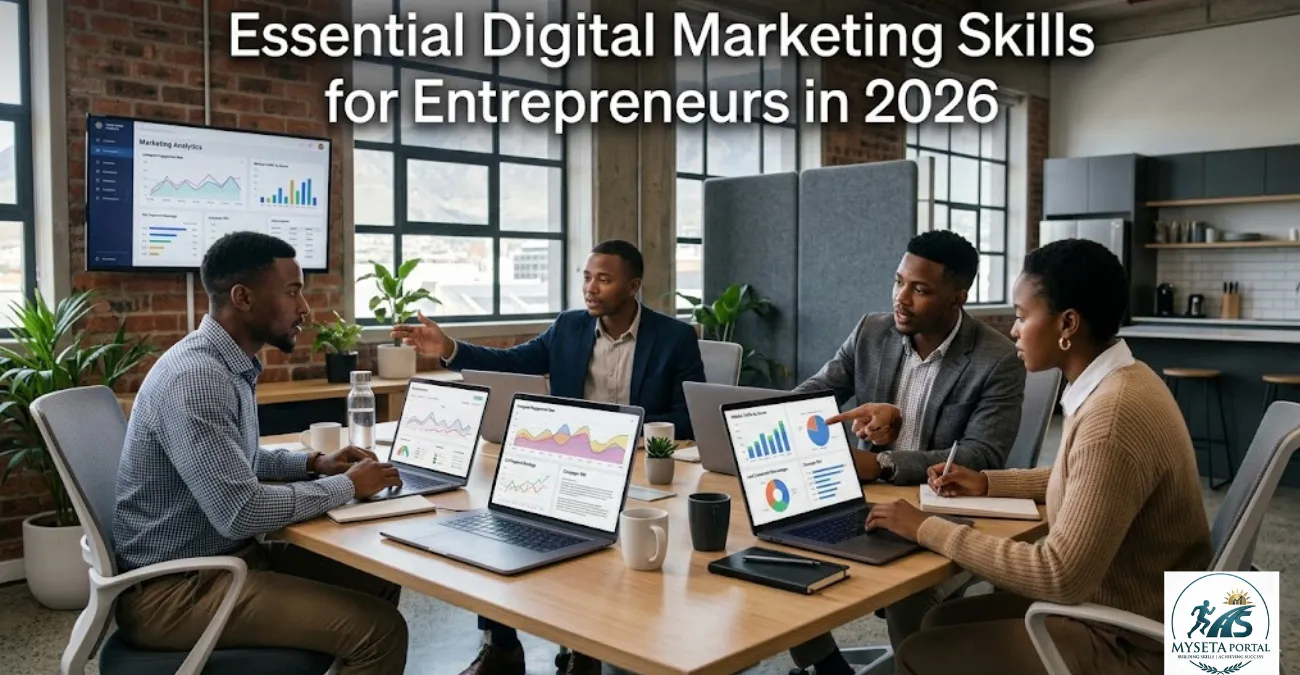 Young South African entrepreneurs using digital marketing tools to grow an online business.