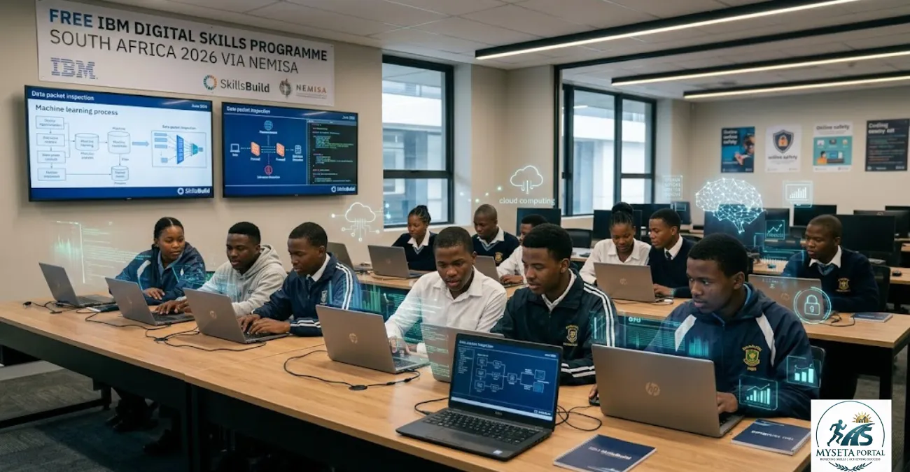 South African learners participating in IBM SkillsBuild digital training on computers in a classroom environment.