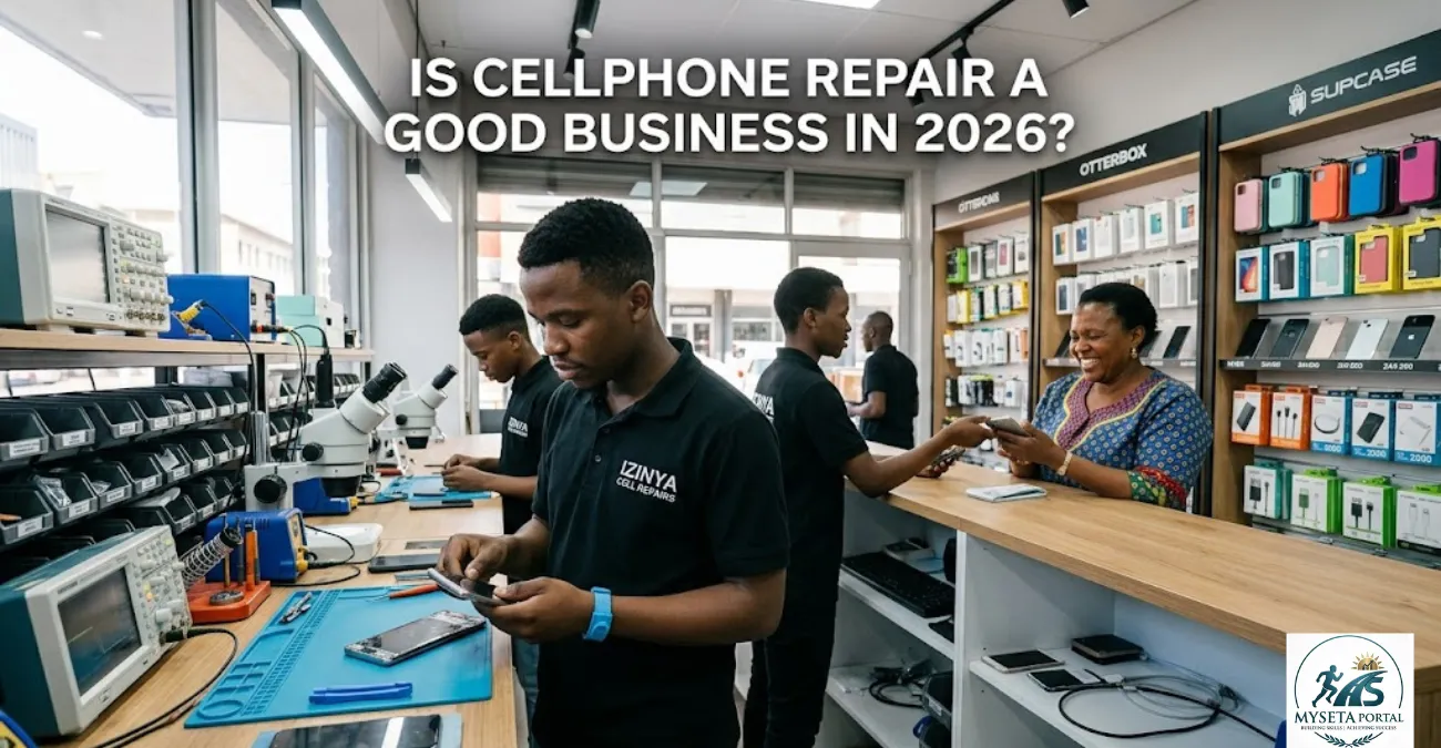 Young South African entrepreneur repairing smartphones in a professional cellphone repair business.