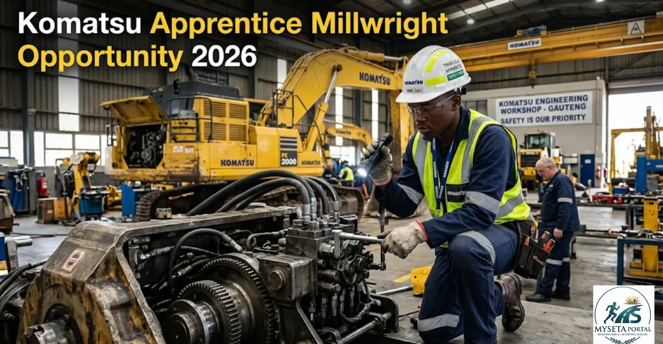 Komatsu Apprentice Millwright trainee inspecting industrial machinery during technical training in Germiston.