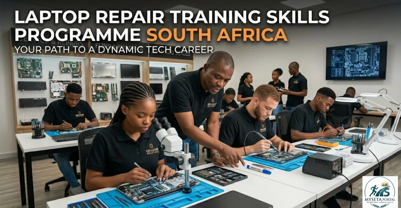 South African students learning laptop repair skills in a technical training workshop.