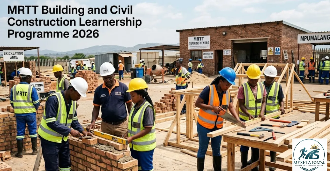 Young South African learners receiving carpentry and bricklaying training during a construction learnership programme in Mpumalanga.