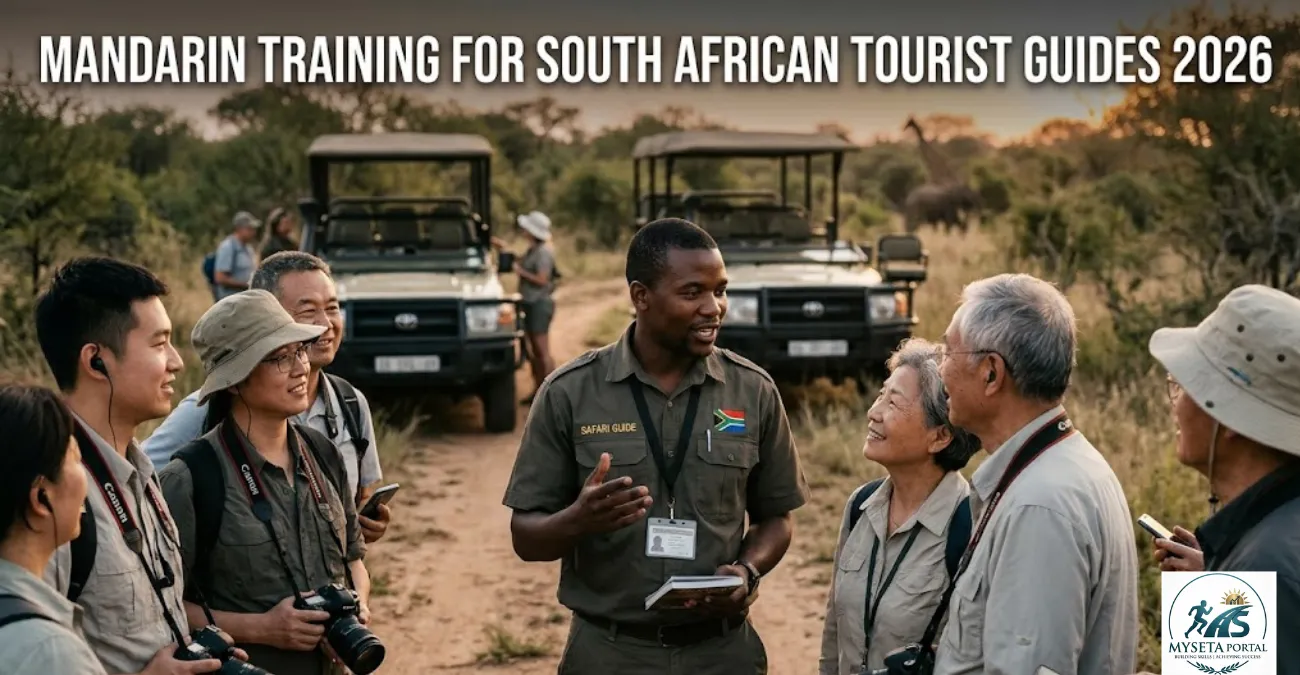 South African tourist guide communicating with Chinese tourists during a safari experience.