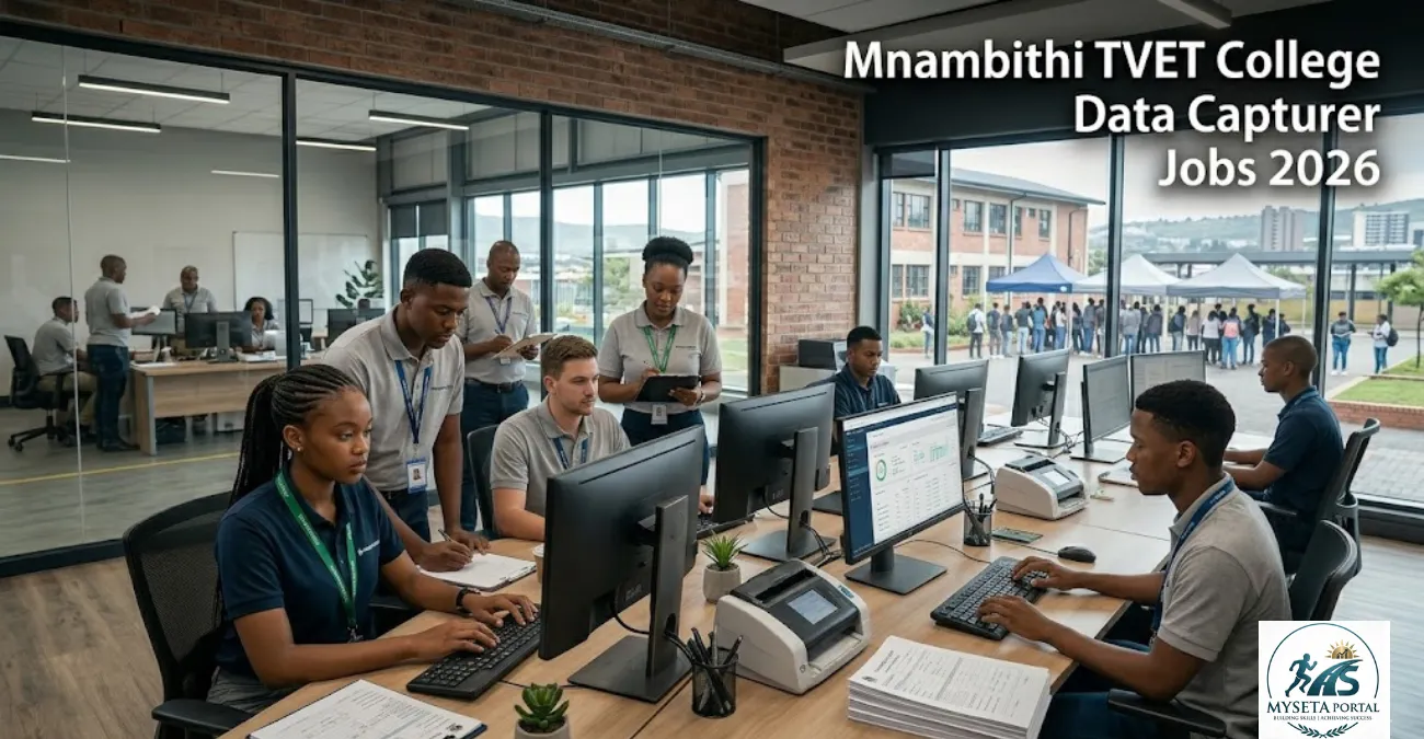 South African data capturers working on student registration systems at a TVET college.