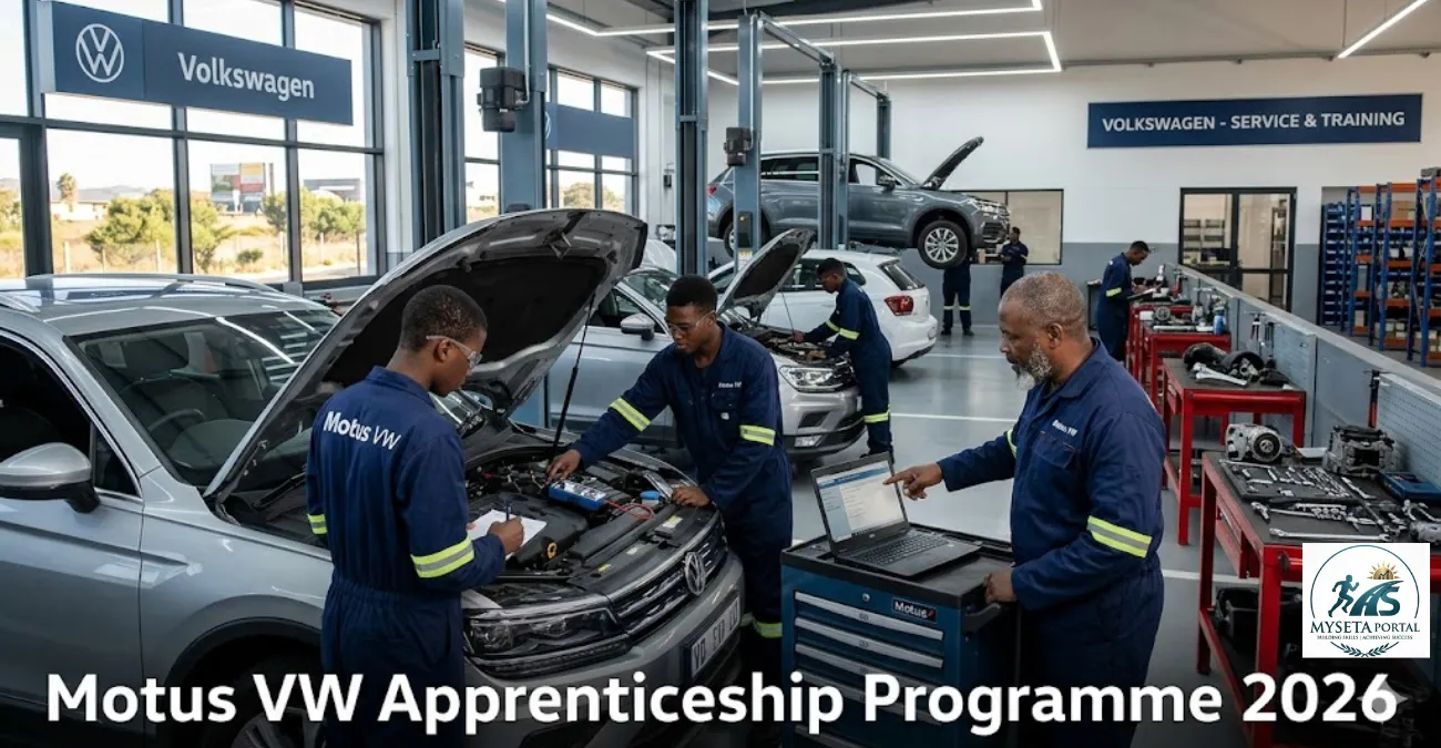 Young South African apprentices receiving hands-on automotive training at a Volkswagen dealership workshop.