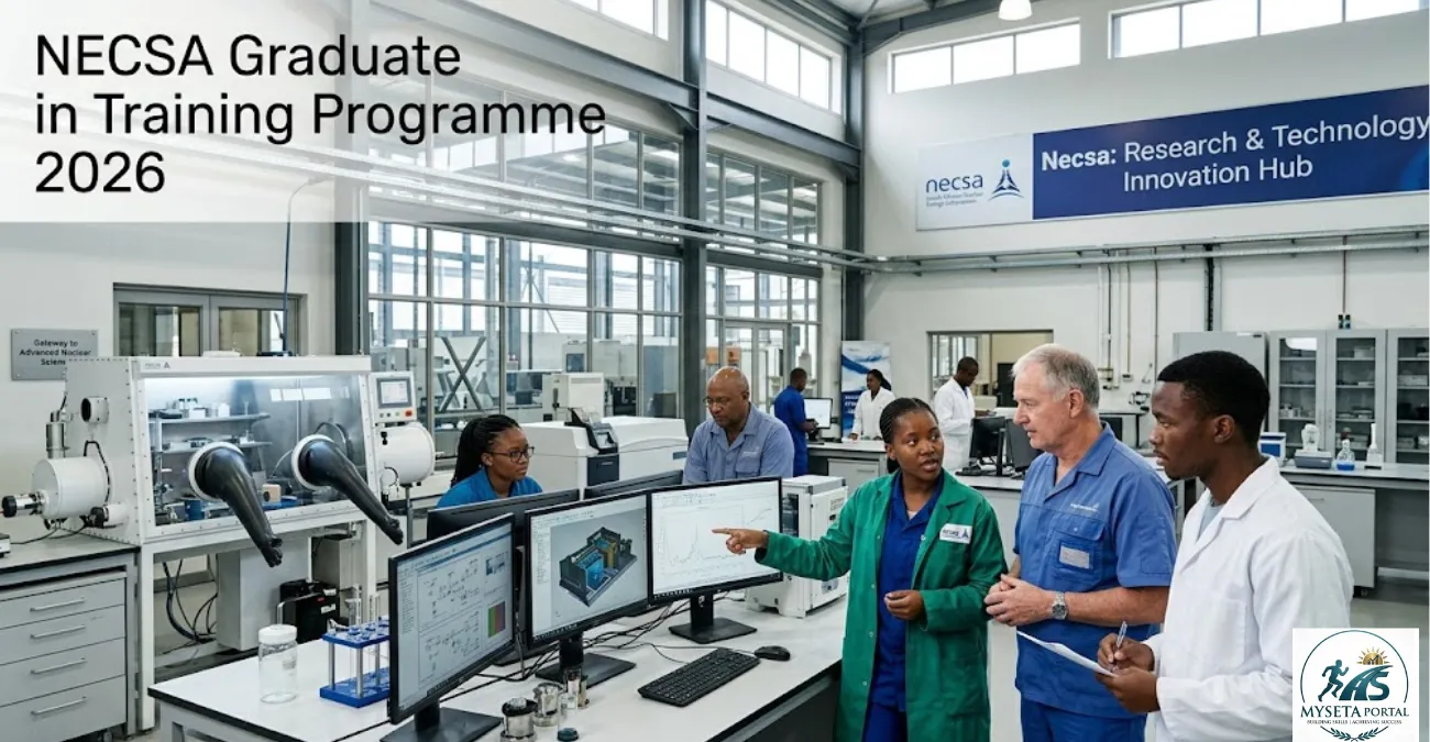 Young South African science and engineering graduates participating in a professional training programme within a modern research facility.