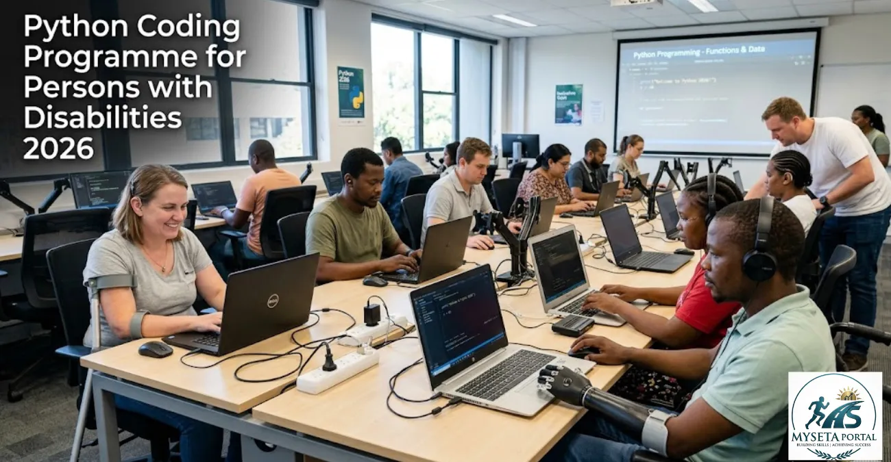 South African persons with disabilities learning Python programming and digital skills in an accessible training environment.