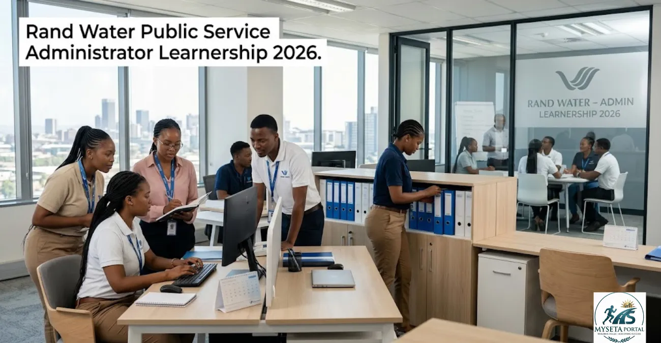 Young South African learners working in a professional office during the Rand Water Public Service Administrator Learnership Programme 2026.