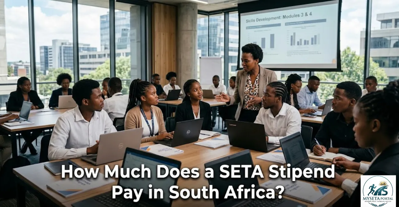 Young South African trainees in a modern office participating in a SETA-style skills development programme.