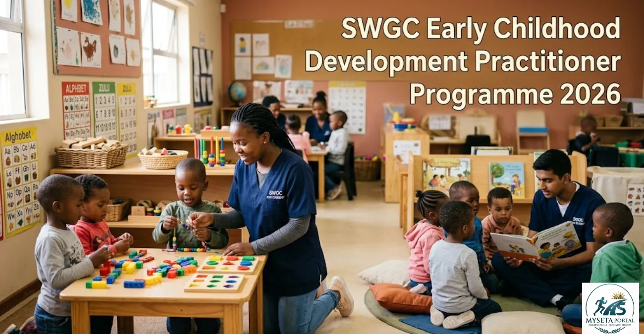 South African ECD student practitioners assisting young children in a classroom learning environment.