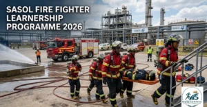 Young South African firefighter trainees participating in emergency response and industrial firefighting training.