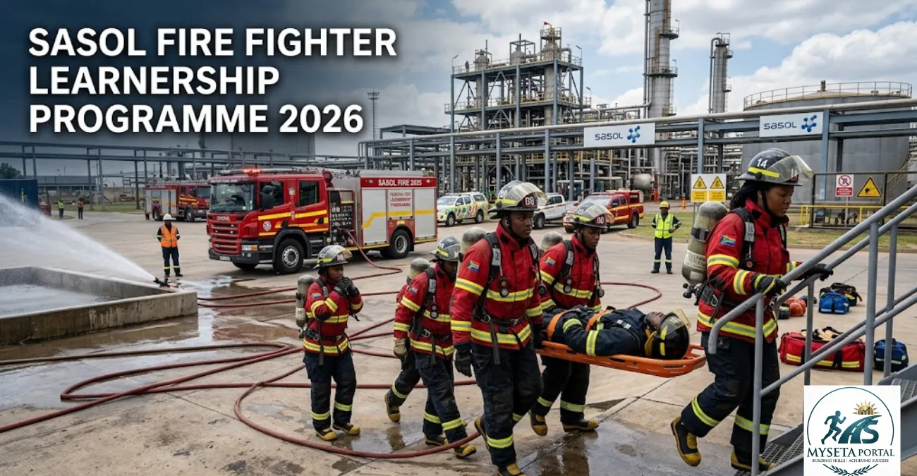 Young South African firefighter trainees participating in emergency response and industrial firefighting training.