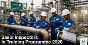 Young South African trainees learning industrial equipment inspection at Sasol’s technical training programme in Secunda.