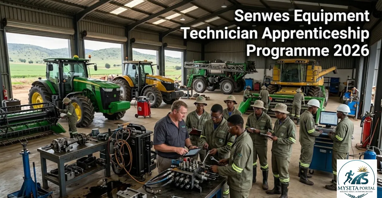 Young South African apprentice technicians receiving practical training on agricultural machinery in a workshop.