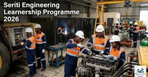 Young South African artisan learners receiving technical engineering training in a mining workshop during the Seriti Engineering Learnership Programme 2026.