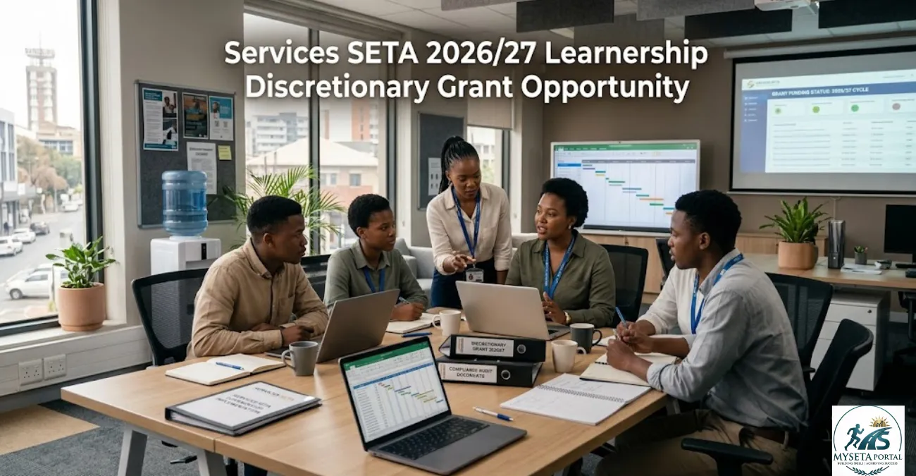 Young South African professionals and training staff discussing Services SETA learnership implementation