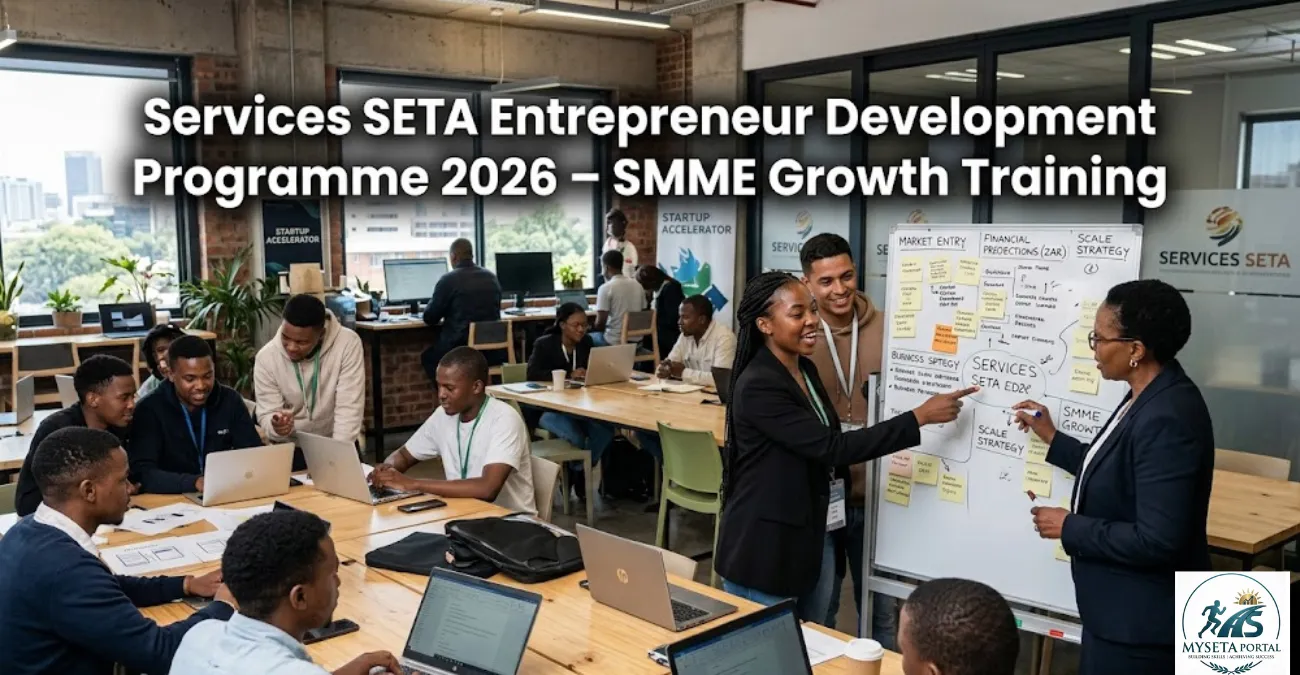 Young South African entrepreneurs participating in Services SETA enterprise development training in a modern incubator workspace.