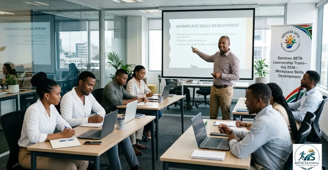 Young South African youth participating in Services SETA learnership workplace training in a modern office environment.