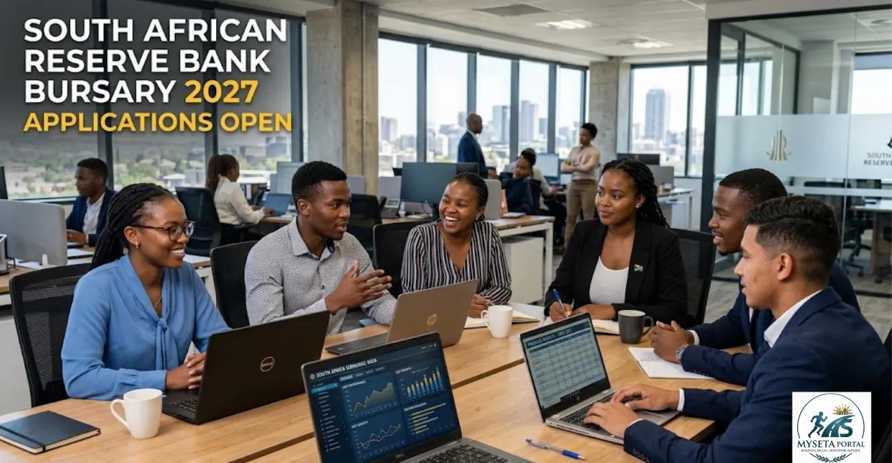 Young South African students and professionals discussing career and university opportunities in a modern financial workplace.