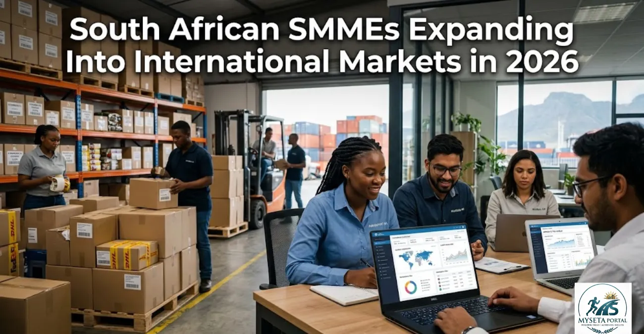 Young South African entrepreneurs preparing products for international export and online global sales.