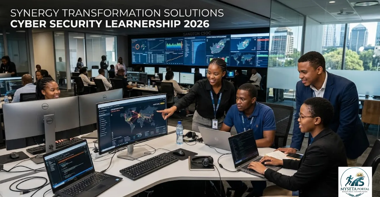 Young South African cyber security learners working on digital security systems in a modern Sandton technology office.