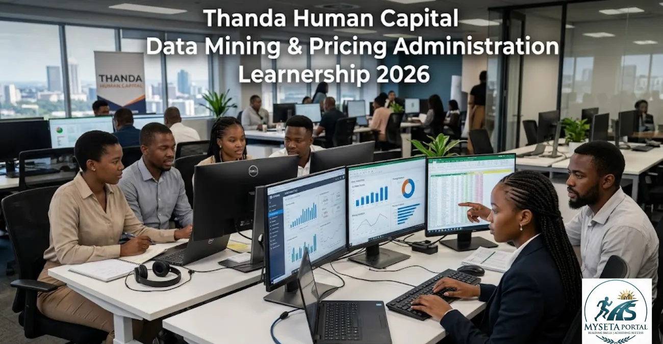 Young South African learners gaining practical data administration and business intelligence experience in a professional office environment.