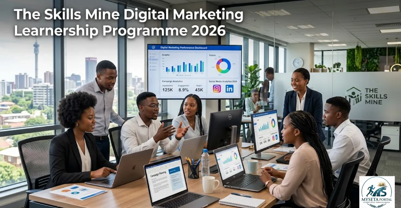 Young South African learners working on digital marketing projects in a modern Johannesburg office environment.