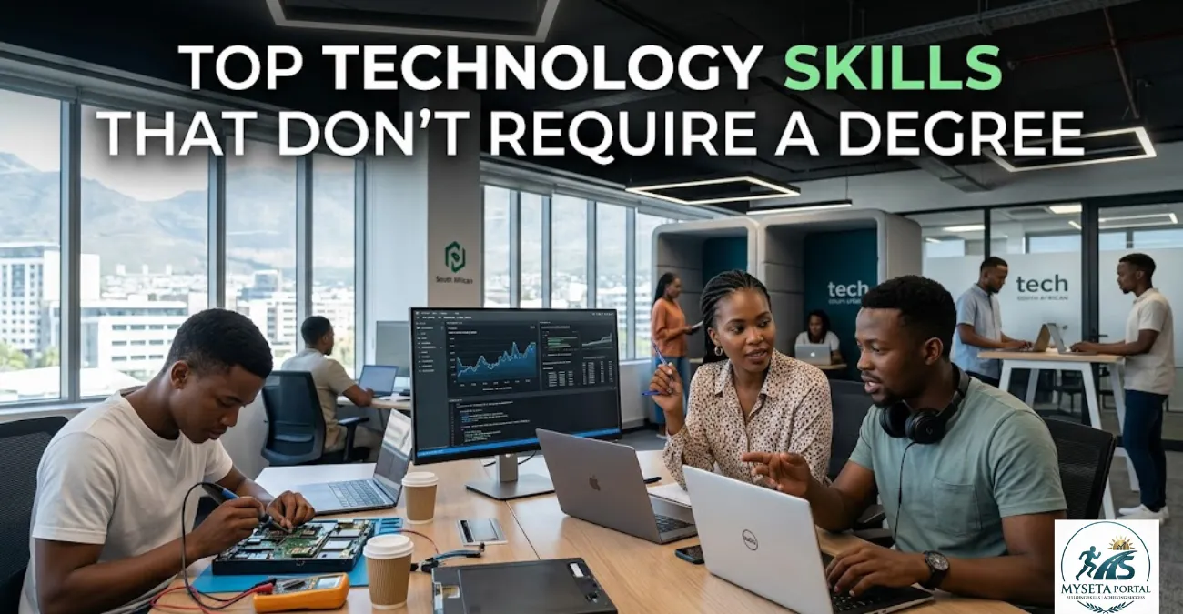 Young South African professionals developing technology skills in a modern digital workplace.