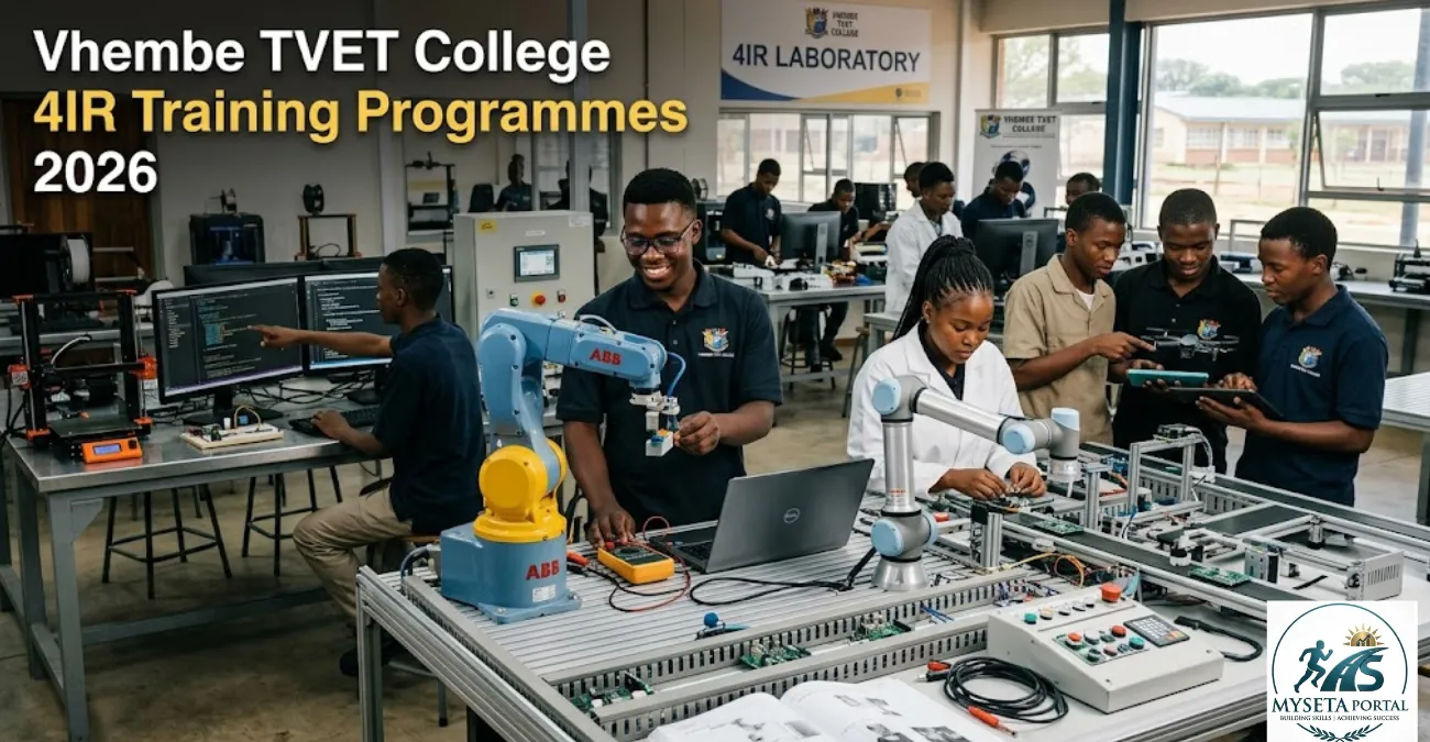 Young South African students learning robotics, automation and IoT technologies at a TVET college training laboratory.