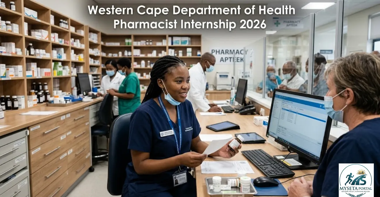 Pharmacist intern dispensing medication in a Western Cape public hospital pharmacy.
